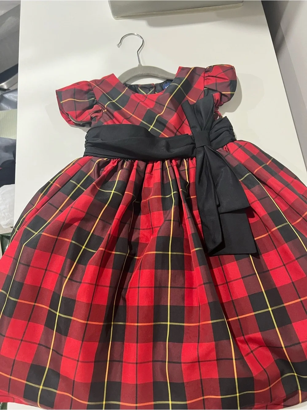 Ralph Lauren Red and Black Plaid Holiday Dress with Black Sash - Girls 3t